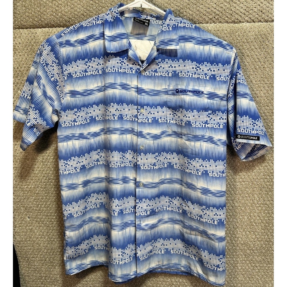 South Pole Short Sleeve Button Down Shirt Blue‎ White Men's Size XL